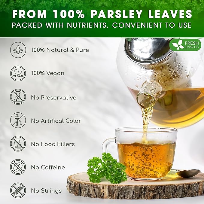 Premium 75 Parsley Leaf Tea Bags, 100% Natural & Pure from Parsley Leaves. Loose Leaf Parsley Herbal Tea. Parsley Leaf Tea. Made with Natural Material Tea Bags. No Sugar, No Caffeine, No Gluten, Vegan.