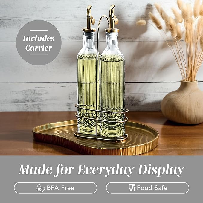 COOK WITH COLOR Glass Olive Oil Bottle Dispenser - 2 Pack- 17oz Oil and Vinegar Cruet - Olive Oil Carafe Decanter for Kitchen, Elegant Fluted, Clear