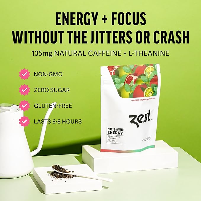 Zest Energy Green Tea - Pomegranate Mojito Loose Leaf Blend - High Caffeine Peppermint - Caffeinated Coffee Substitute - Natural, Non-GMO & Keto Friendly - Hot or Iced - 50 Servings - 135mg Caf