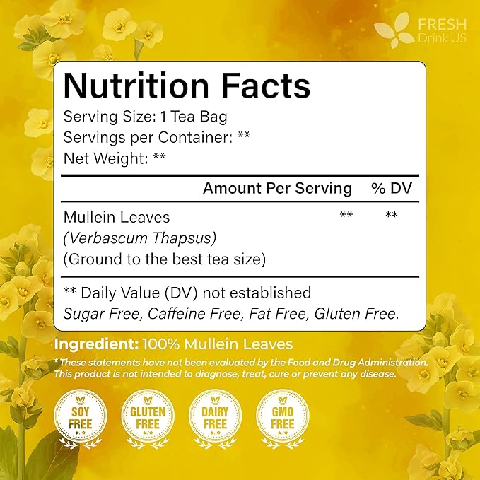 FreshDrinkUS, Premium 15 Mullein Leaf Tea Bags For Lung, 100% Natural & Pure from Mullein Leaves. Loose Leaf Mullein Herbal Tea. Made with Natural Material Tea Bags. No Sugar, No Caffeine, No Gluten, Vegan.