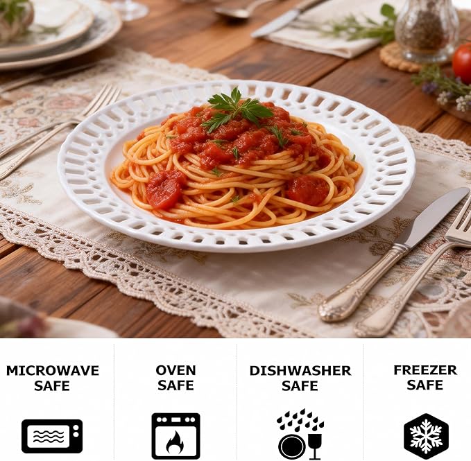 Aimusego Round Furit Salad Plate with Scalloped Edge Lace Rim, Set of 4, Ceramic Dessert Plates for Cake Snack Side Dish, Microwave and Dishwasher Safe, for Housewarming (White A,10'')