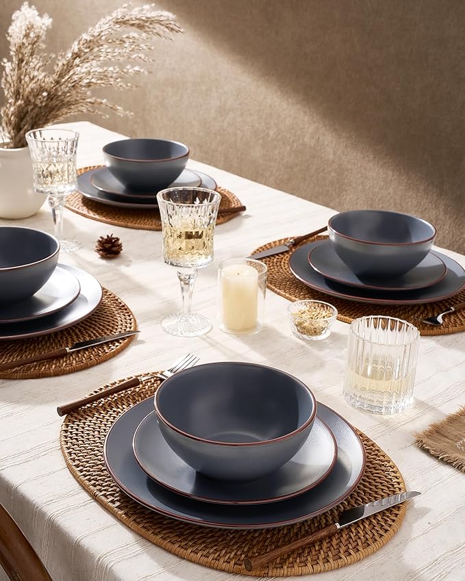 Famiware Venus Plates and Bowls Sets with Trim, 12 Pieces Speckled Stoneware Dishes Dinnerware Set for 4, Matte Charcoal - Microwave & Dishwasher Safe, Modern Minimalist, Everyday & Formal Dining