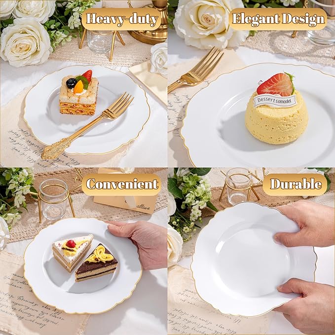 WDF 60pcs Gold Dessert Plates-7.5inch Baroque White and Gold Small Dessert Plates/Disposable Salad/Appetizer Plate for Upscale Party/Wedding/Birthday