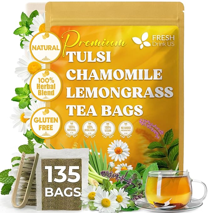 FreshDrinkUS, Premium 135 Tea Bags Tulsi Chamomile Lemongrass Herbal Tea | Blend with Holy Basil, Chamomile Flowers & Lemongrass Leaves – Naturally Caffeine-Free, Soothing Herbal Infusion. Vegan