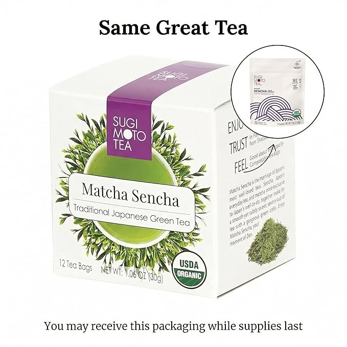 SUGIMOTO TEA Japanese Organic Sencha with Matcha Green Tea Bags 12 Count