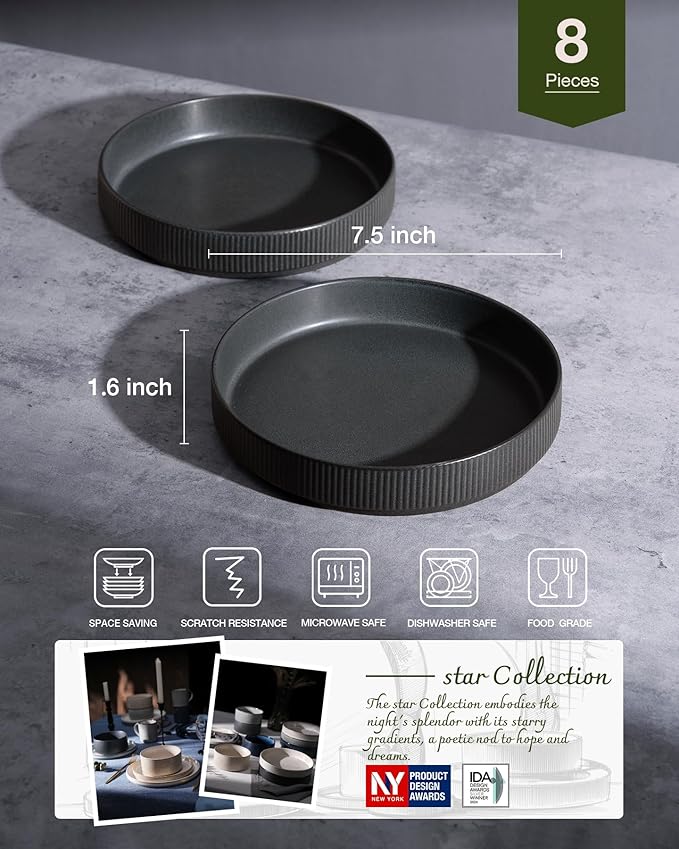 famiware Star 7.5" Pasta Bowls Set, Salad Bowl Set of 8, Double Reactive Glaze, Stackable, Ideal for Your Friend for Housewarming, Festivals, Matte Dark Charcoal (Full Glaze)