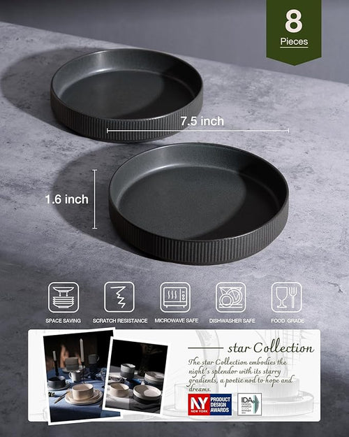famiware Star 7.5" Pasta Bowls Set, Salad Bowl Set of 8, Double Reactive Glaze, Stackable, Ideal for Your Friend for Housewarming, Festivals, Matte Dark Charcoal (Full Glaze)
