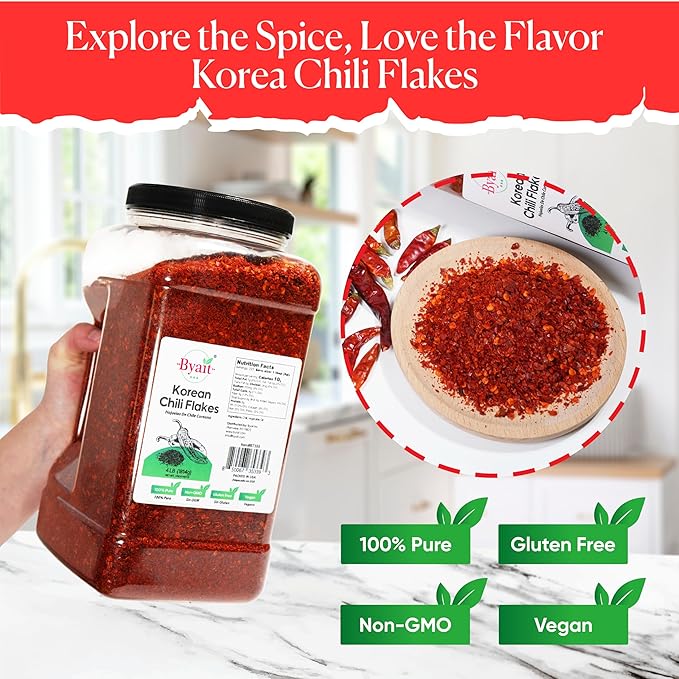 Byait Gochugaru Korean Chili Flakes 64 Oz (4 LB), Medium Hot, 100% Pure Red Chili Pepper Flakes for Authentic Korean Cooking, Kimchi, Chili Oil, and Seasoning