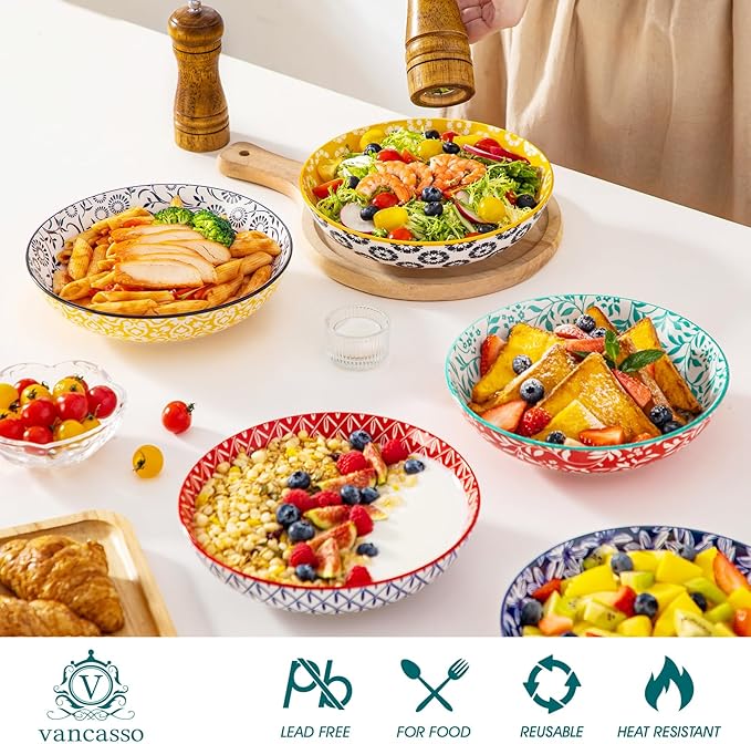 vancasso Selene 8.5" Pasta Bowls Set of 6, 40 oz Porcelain Shallow Salad Bowls, Serving Bowls Pasta Dishes Plates Large Kitchen Bowl Plates, Vivid Floral Design, Microwave Safe, Series SELENE