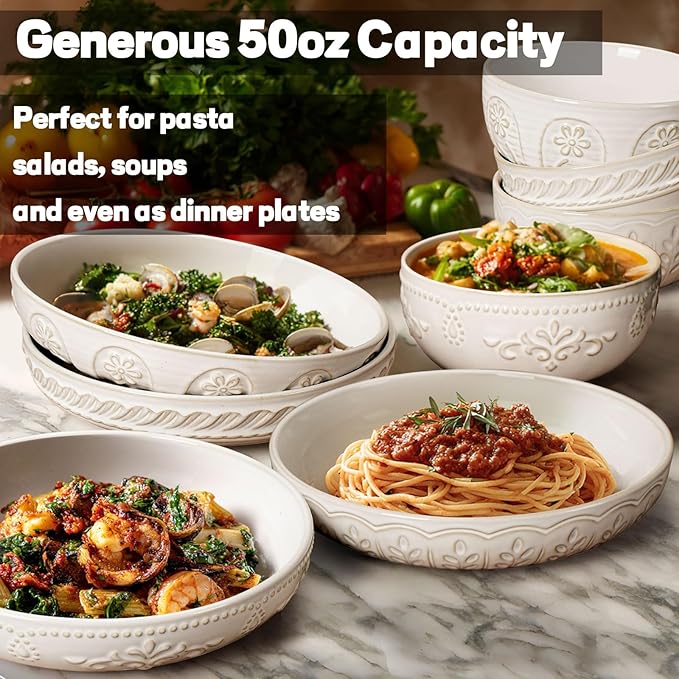 Artena Pasta Bowls, 50oz Large Salad Serving Bowls, 9.75'' Plates Bowls Set of 4, Big White Ceramic Soup Bowls for Kitchen, Embossment Shallow Dinner Bowl, Microwave Dishwasher Safe, Wheat Leaf