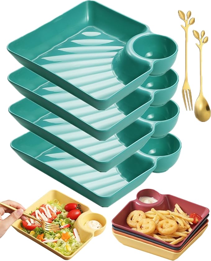 4pcs Japanese Dumpling Plate with Sauce Dish, Chips and Salsa Serving Dish Plates with Dipping Saucer for Family Party Appetizer Sushi Taco Salsa Charcuterie Barbecue Plate, Reusables (Green)