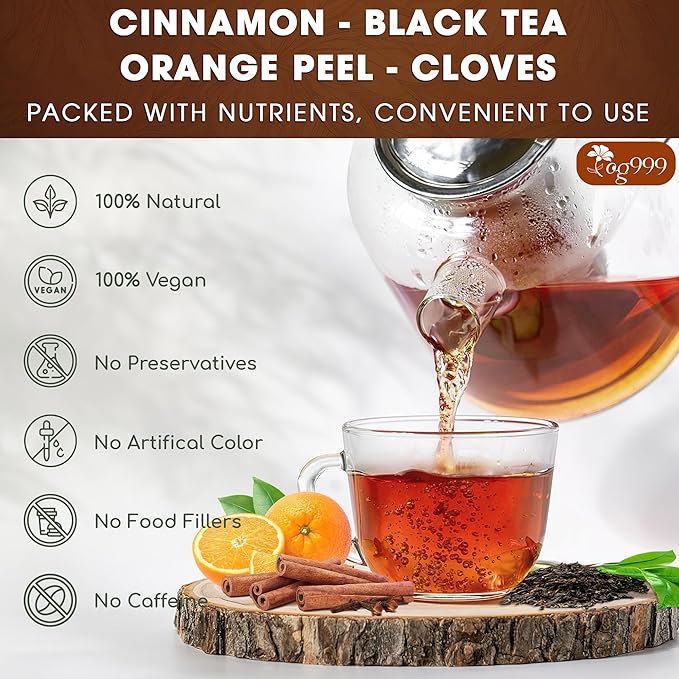 TOG999, 60 Tea Bags – Special Blend of Cinnamon, Black Tea, Orange Peel and Cloves, 100% Natural Ingredients, Hand-made Blend Herbal Tea. Eco-conscious Tea Bags. No Sugar, No Caffeine, No Gluten, Vegan.