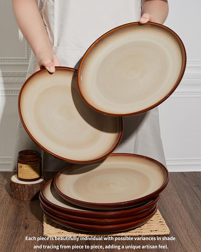 Pokini 10 Inch Dinner Plates Set of 6, Stoneware Round Salad Dessert Plates, Serving Plates, Microwave & Dishwasher Safe, Brown and Yellow