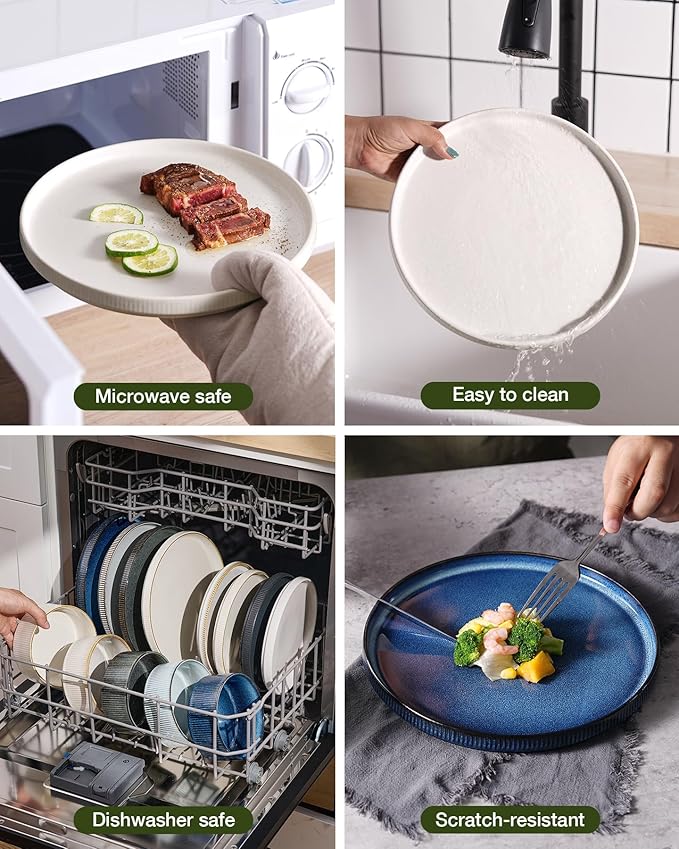 Famiware Star 24-Piece Reactive Glaze Plates and Bowls Sets, Service for 8 - Stoneware Dinnerware Set, High Edge Ribbed Dishes, Chip & Scratch Resistant, Microwave & Dishwasher Safe, White & Black