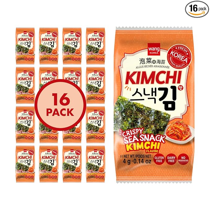 Wang Korean Seaweed Snacks Kimchi Flavor - Crispy Roasted Seaweed Sheets, Healthy Sea Weed Snack, Keto, Vegan, Gluten-Free - Pack of 16