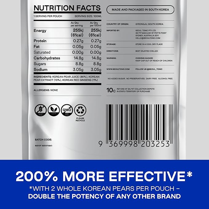 Seoul Tonic Patented "Pre Party" Korean Pear Natural Tonic, Science-Backed, Patented Formula for Easier Morning,Natural Potassium & DHM (100ML) Pack of 1