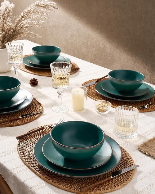 Famiware Venus Stoneware Dinnerware Set with Pasta Bowls for 6, 24-Piece Speckled Plates and Bowls with Trim, Matte Dark Green - Chip‑Resistant Dishes for Everyday & Formal, Microwave/Dishwasher Safe