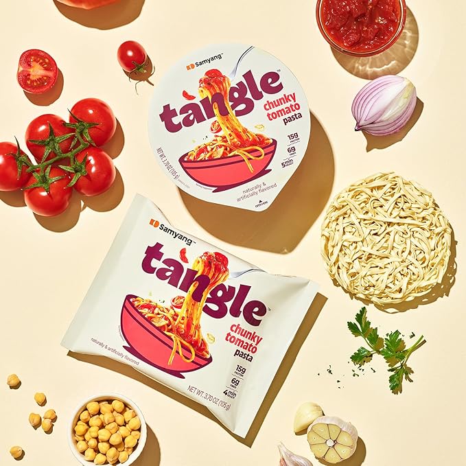 Samyang Tangle Chunky Tomato Linguine Savory Garlic and Onion Flavor Italian Inspired Sauce Air Dried Noodle Easy Cook Pasta 3.63 oz (Pack of 4)