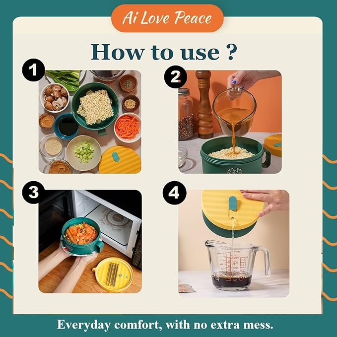 Microwaveable Ramen Noodle Bowl Cooker 40oz for Ramen, Pho, Soup, and Pasta, Dishwasher Safe and Portable, Ideal for Home, Office, Dorm, or Gift.Ai Love Peace (Green)