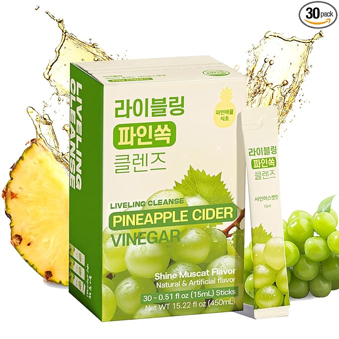 [Liveling] Pineapple Cider Vinegar Drink Stick & 3-in-1 Shot with ACV – ShineMuscat Flavor | Supports Digestion, Daily Cleanse, Sugar-Free, Low-Calorie, Portable On-The-Go Packets (30 sticks)