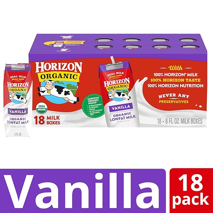 Horizon Organic Shelf Stable 1% Lowfat Vanilla Milk Boxes, Pack of 18 - 8g Protein per Serving