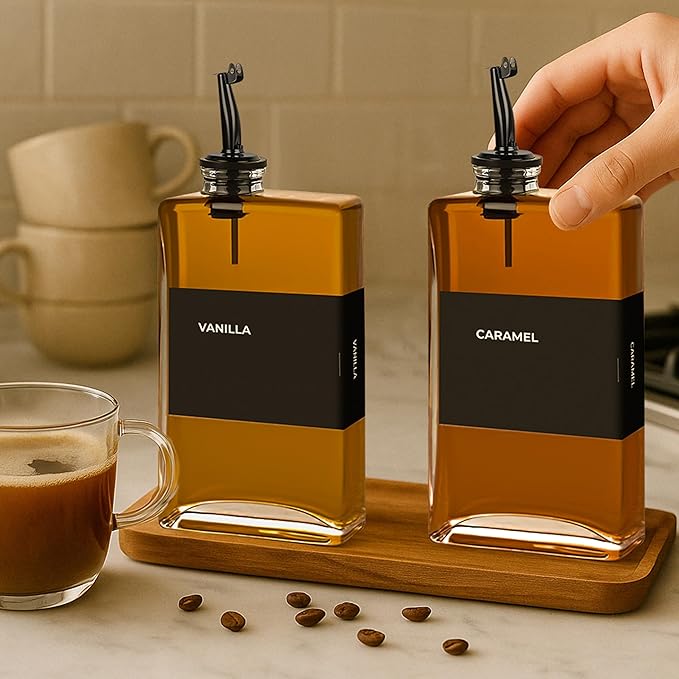 Spaceneat Olive Oil Dispenser Bottle - Includes 44 Kitchen Essential Labels - Cooking Oil Bottles for Kitchen, Coffee Syrup Dispenser - Pourer Spout with 11.8 fl oz Glass Container Cruet - 2pcs, Black