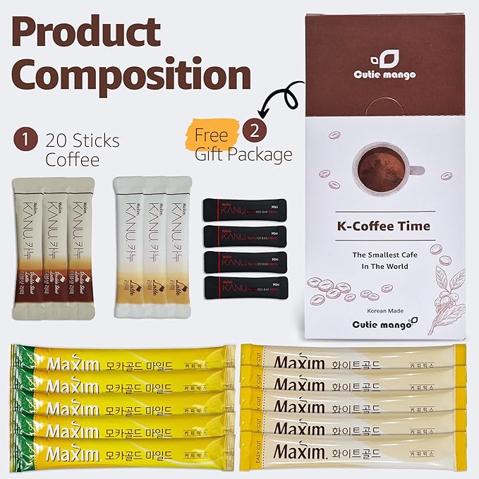 CUTIE MANGO Maxim & KANU Premium Korean Instant Coffee Sampler White, Mocha Gold, Americano, Latte Café-Style Camping Party Easy-to-Mix Single Serve Packets Variety Pack 20 Sticks (6 Flavors)