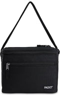 PackIt Freezable Essential Lunch Cooler, Black, Built with EcoFreeze Technology, Fully Freezable, Collapsible, Reusable, With Adjustable Crossbody Strap, Top Clip Handle, Designed for Fresh Office