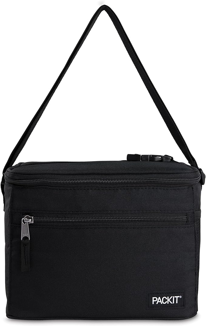PackIt Freezable Essential Lunch Cooler, Black, Built with EcoFreeze Technology, Fully Freezable, Collapsible, Reusable, With Adjustable Crossbody Strap, Top Clip Handle, Designed for Fresh Office