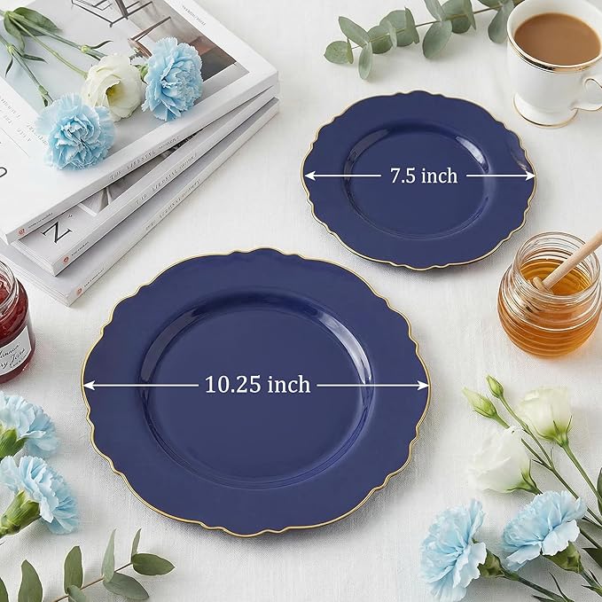 WDF 100pcs Blue Plastic Plates - Baroque Blue&Gold Disposable Plates for Parties/Wedding-50Plastic Dinner Plates 10.25in, 50Salad Plates 7.5in for Party/Birthday/Wedding/Independence Day