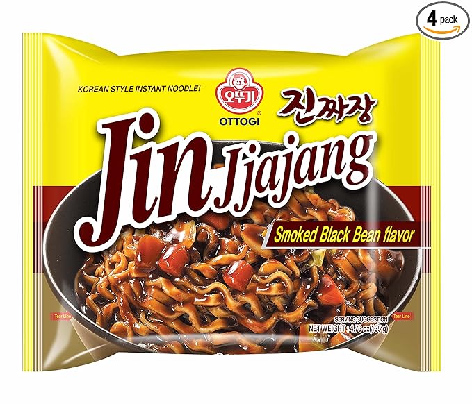 OTTOGI JIN Jjajang Korean Instant Noodles – Black Bean Sauce Ramen, Chewy Noodles, 4.76 oz (Pack of 4)