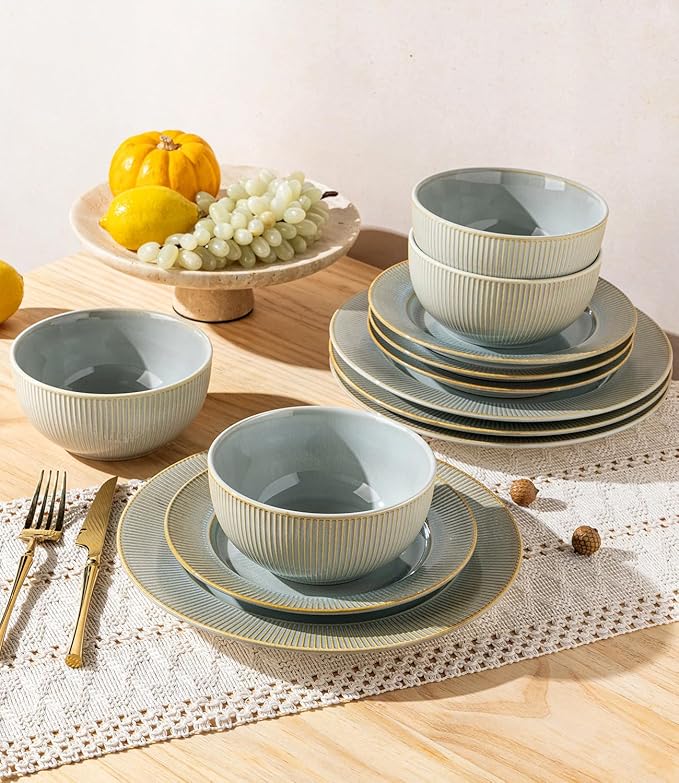 TheTerra Stoneware Dinnerware Sets for 6, 18 Pieces Ceramic Lightweight Plates and Bowls Sets, Scratch Resistant Embossed Dish Set, Oven, Microwave & Dishwasher Safe, Stone Sage