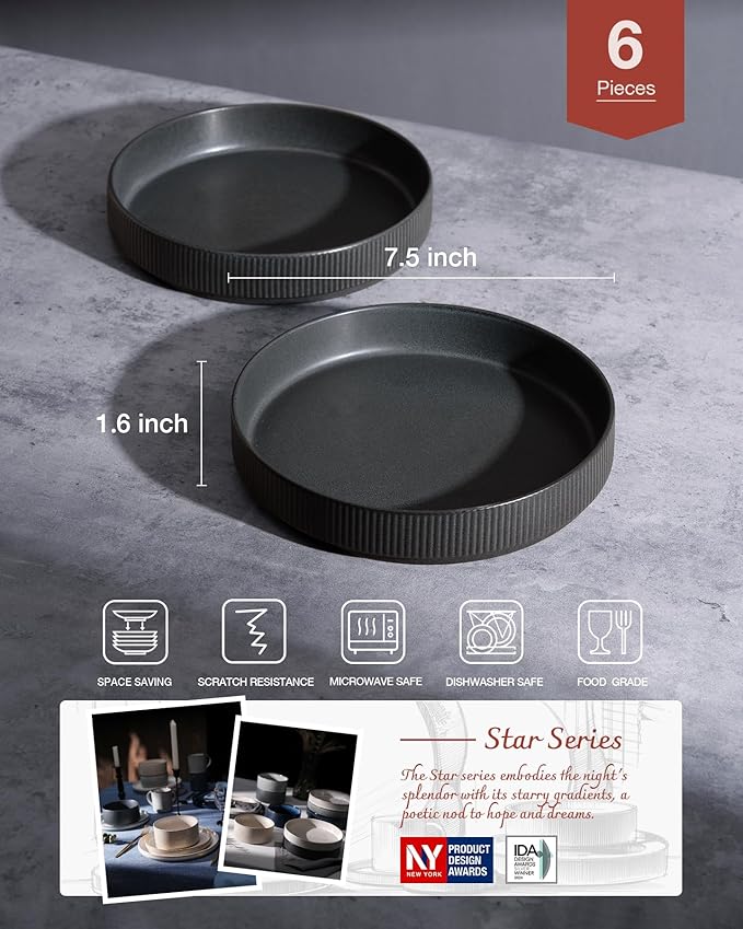 famiware Star 7.5" Pasta Bowls Set, Salad Bowl Set of 6, Double Reactive Glaze, Stackable, Perfect for Your Friend for Housewarming, Thanksgiving, Christmas, Matte Dark Charcoal (Full Glaze)