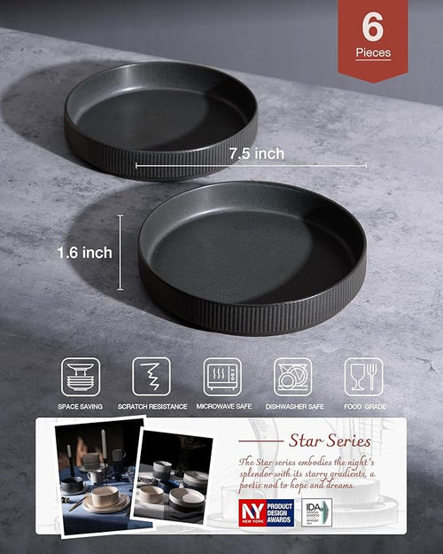 famiware Star 7.5" Pasta Bowls Set, Salad Bowl Set of 6, Double Reactive Glaze, Stackable, Perfect for Your Friend for Housewarming, Thanksgiving, Christmas, Matte Dark Charcoal (Full Glaze)
