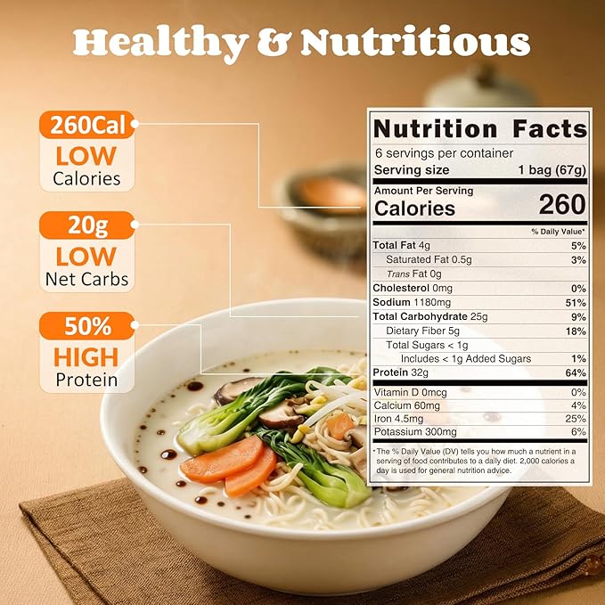 HealSpot High Protein Instant Ramen, 6 Pack Non Fried Ramen Broth, 32g Plant Based Protein, Low Fat, Low Carb, Non GMO, Keto Friendly Plant Based (Black Garlic Classic-Pork Flavor)
