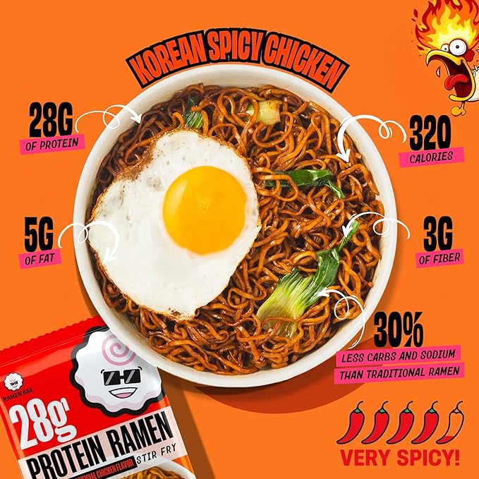 Ramen Bae High Protein Ramen Noodles Stir Fry - Korean Spicy Chicken Flavor 28g Protein - Air Dried Not Fried, Plant Based, Vegan Protein Noodles - Low Carb & Fat - Very Spicy (Pack of 6)