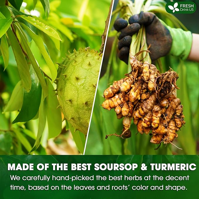 FreshDrinkUS, Premium 25 Soursop Turmeric Tea Bags, 100% Natural, Blend of Soursop Leaves, and Turmeric Root. Made with Natural Material Tea Bags. No Sugar, Vegan.