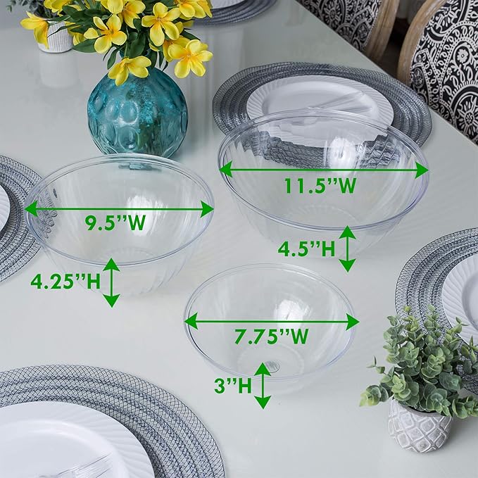PLASTICPRO Disposable 96 Ounce Round Crystal Clear Plastic Serving Bowls With Lids, Party Snack or Salad Bowl, Chip Bowls, Snack Bowls, Candy Dish, Salad Container Pack of 8