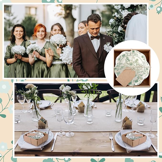 SiliFine 96 Pcs Wedding Favors for Guests Small Ceramic Bowl Bulk Gifts Set 3.3 Inch Floral Design Mini Dipping Sauce Dish with Card Box for Bridal Pooja Baby Shower Birthday (Flower,Sage Green)