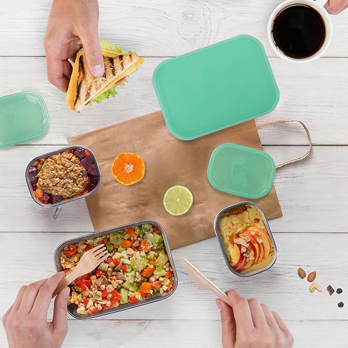 Tanjiae 3 CUP+1 CUP Stainless Steel Lunch Snack Containers Set | Leak Proof 304 Stainless Steel Food Containers with Silicone Lids - Perfect Metal Lunch Box for Home and Travel (25oz+8oz*2)