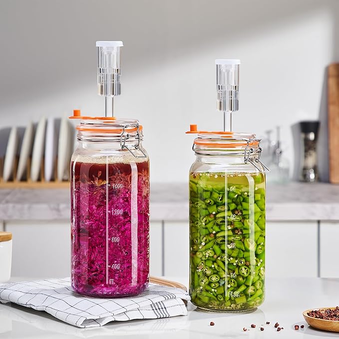 JILLMO Wide Mouth Glass Fermentation Jar with Airlock & Glass Weight, 2L (64oz) Fermenting Jar for Sauerkraut, Kimchi, Pickles & More,Pack of 2
