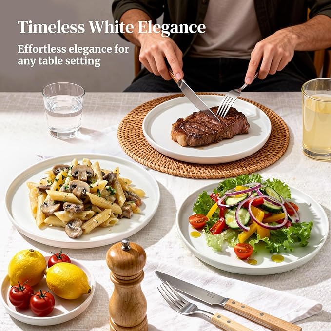 DOWAN 8" Porcelain Salad Plates Set of 6, Ceramic White Dessert Plates Set for Salad, Pasta, Steak - Appetizer Plates, Dining Plates for Parties, Restaurant - Dishwasher & Microwave Safe - Gifts