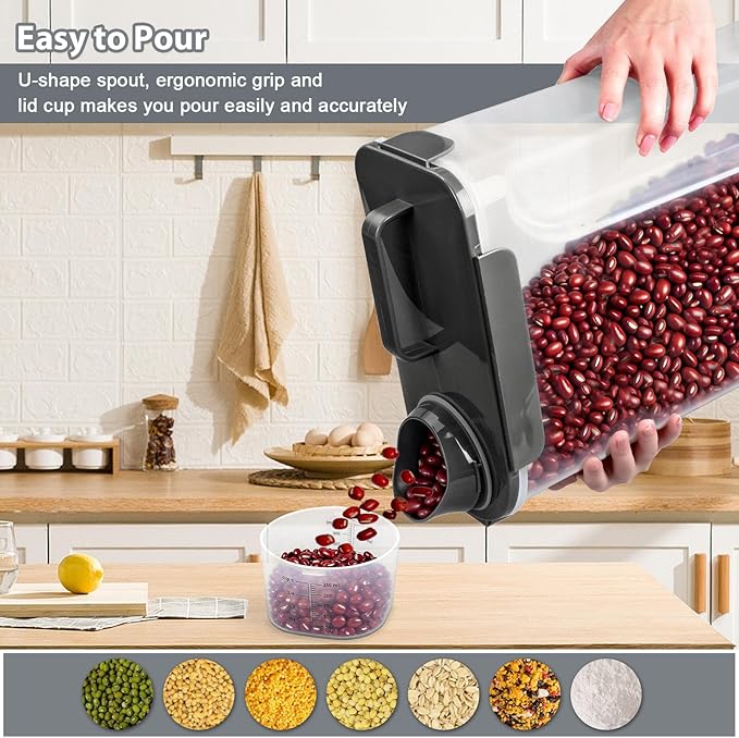 Komzon Rice Storage Containers, Rice dispenser with Pouring Spout Portable Handle for Flour, Pasta, Grain and Baking, Pet Dog Cat Bird Food Container 20 LB Grey