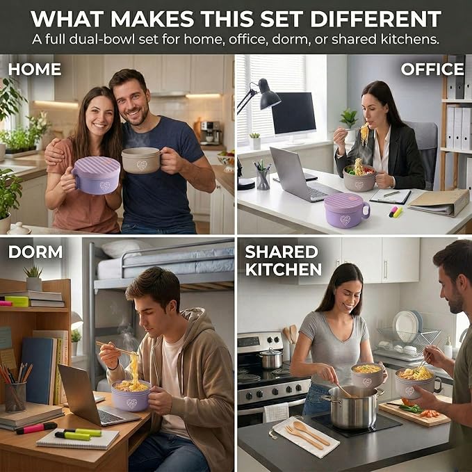 AI LOVE PEACE 2 Pack Microwave Ramen Bowls, 40 oz Ramen Noodle Bowl Set with Lids, Soup Bowls for Pho, Pasta, Rice and Oatmeal, Dishwasher Safe (Purple & Beige)