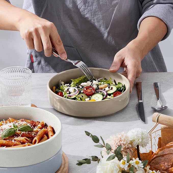 E-far Pasta Bowls Set of 6, 35 oz Large Stoneware Bowl Plates | Shallow & Wide Ceramic Pasta Serving Plates for Salad Dinner Soup | Microwave & Dishwasher Safe, Speckled Multicolor