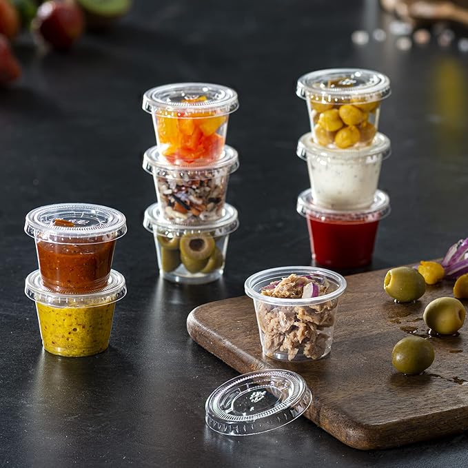Pantry Value [1 oz. - 200 Count Clear Disposable Plastic Portion Cups with Lids - Small Plastic Condiment Containers for Sauce, Salad Dressings & Portion Control