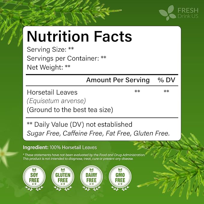 FreshDrinkUS, Premium 55 Horsetail Leaf Tea Bags, 100% Natural & Pure from Horsetail Loose Leaves Herbal Tea. Made with Natural Material Tea Bags. No Sugar, No Caffeine, No Gluten, Vegan.