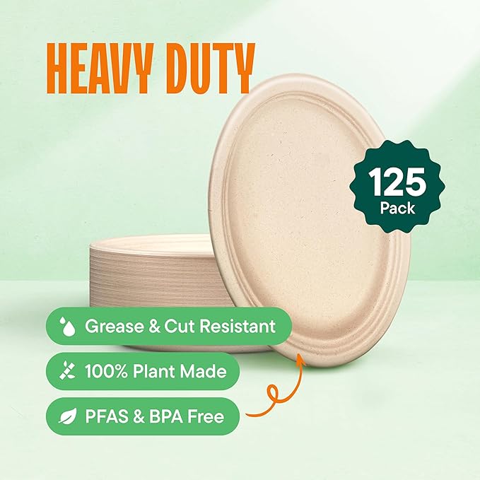 100% Compostable Oval Paper Plates [12.5 inch - 50-Pack] Elegant Disposable Dinner Platter Heavy-Duty Quality, Natural Bagasse Unbleached Eco-Friendly Made of Sugar Cane Fibers, [12.5" x 10" Platter]