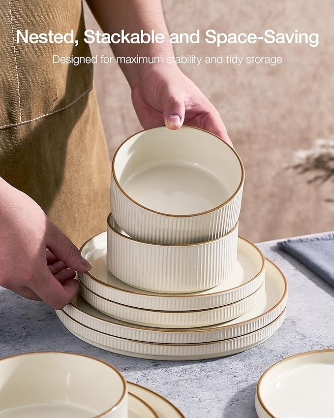 Famiware Star 16-Piece Stoneware Dinnerware Set with Trim, Service for 4 -Ceramic Mugs, Plates and Bowls, Modern Rustic Dishes with High Edge, Chip/Scratch Resistant, Microwave/Dishwasher Safe, Cream