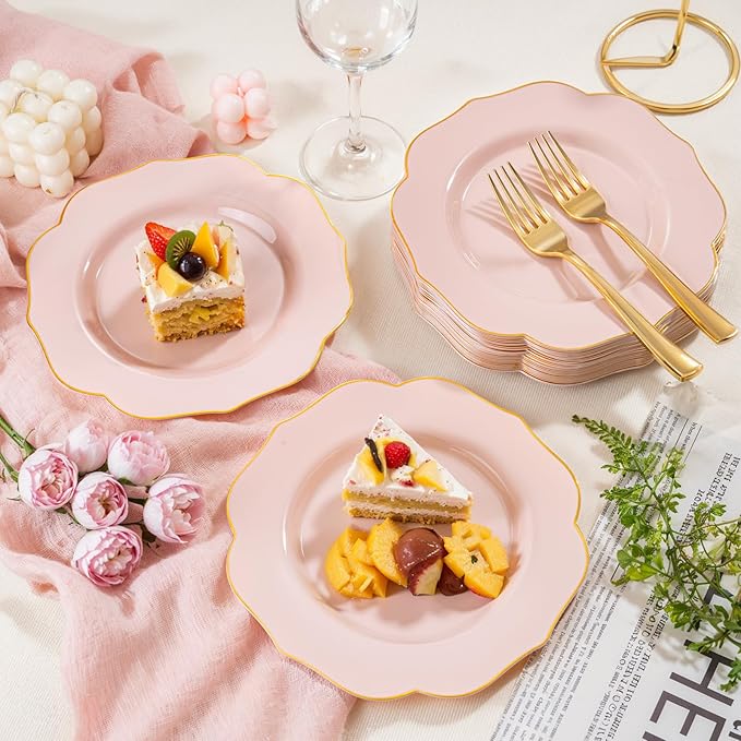 bUCLA 48Pieces Pink Plastic Dessert Plates - 7.5inch Premium Hard Pink with Gold Rim Small Cake/Salad/Appetizer Plates Disposable for Wedding, Party, Shower & Easter